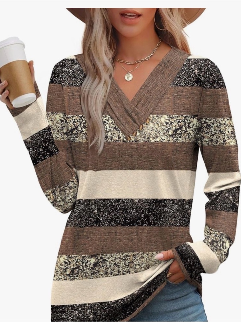 Striped V-Neck Long Sleeve Top - Brown & Cream